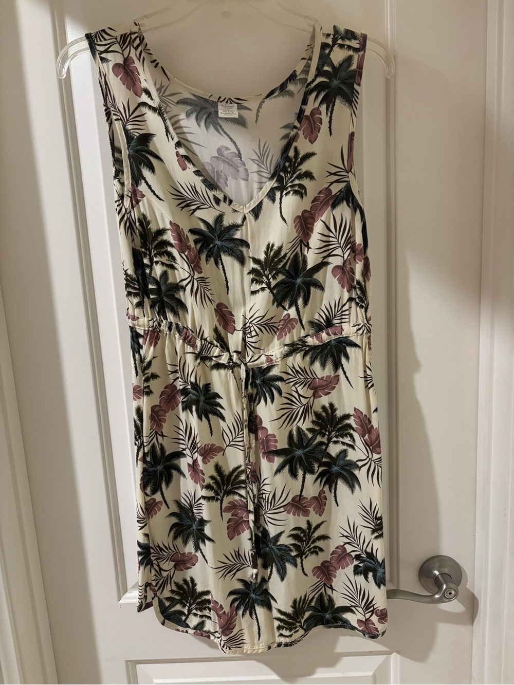 Glamorous Cream Tropical Palm Leaf Tank Dress with Pink Accents
